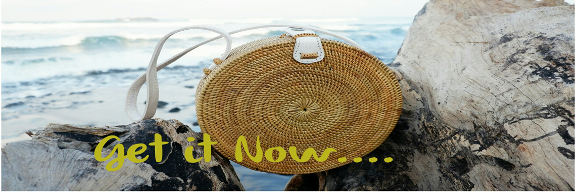 Ata round bag flower pattern with rattan strap